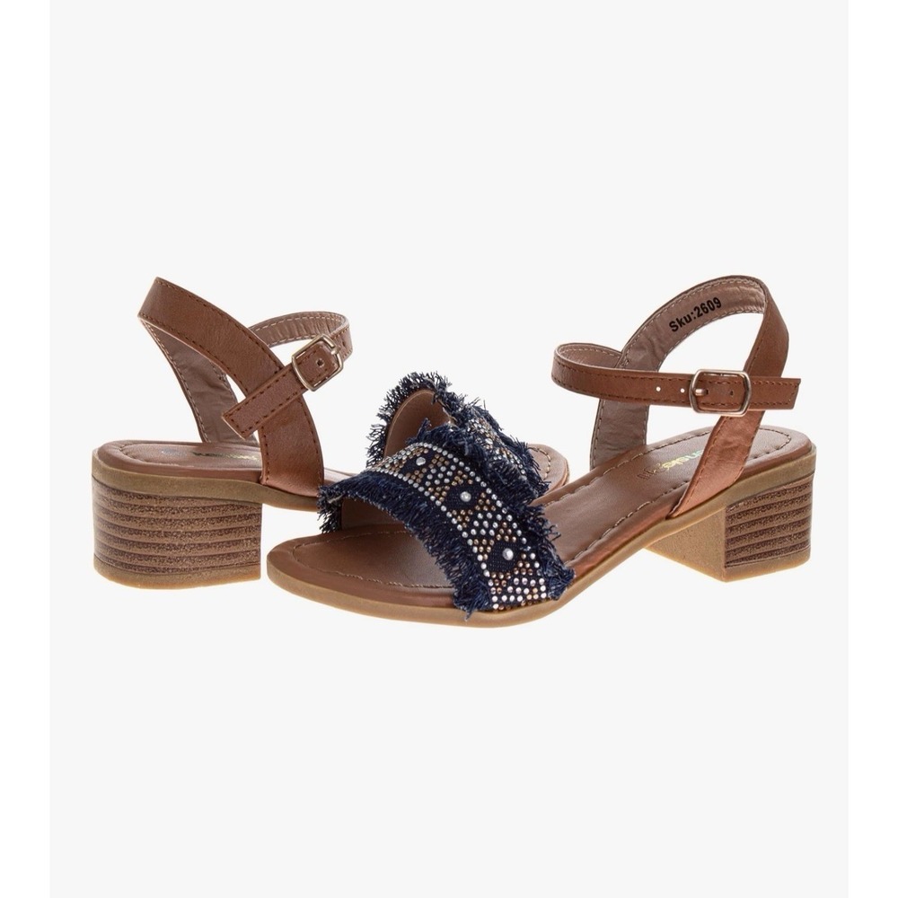 Kenzie Casual Girl's Strap Denim Strap Block Heel Sandel, Size 1 [L]